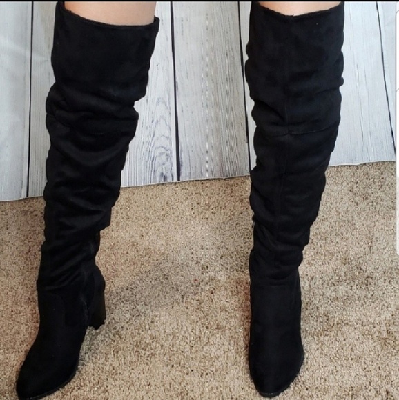 Black Vegan Suede Over the Knee Boots - Picture 3 of 8